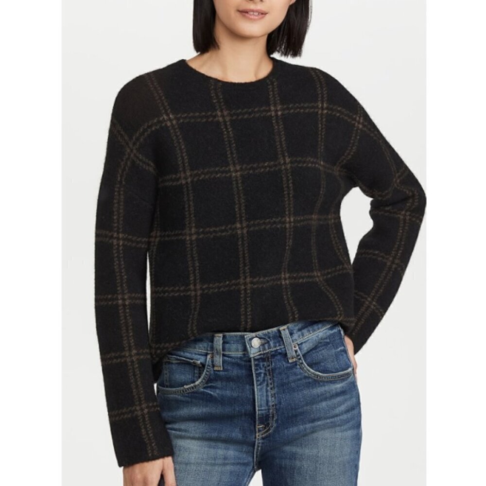 Vince Windowpane Plaid Alpaca/Wool-Blend Pullover Sweater, Black/Dark Camel